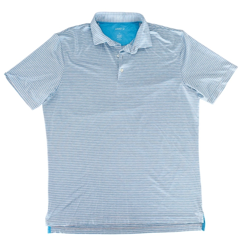 W1 Johnnie-O Mens Large Blue White Stripe Golf Polo Shirt UPF 50 Sun Protection